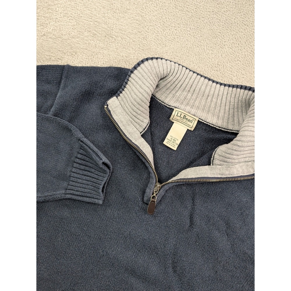 LL Bean Mens XL Navy Blue Cotton Quarter Zip Pullover Sweater Gray Trim 287736
